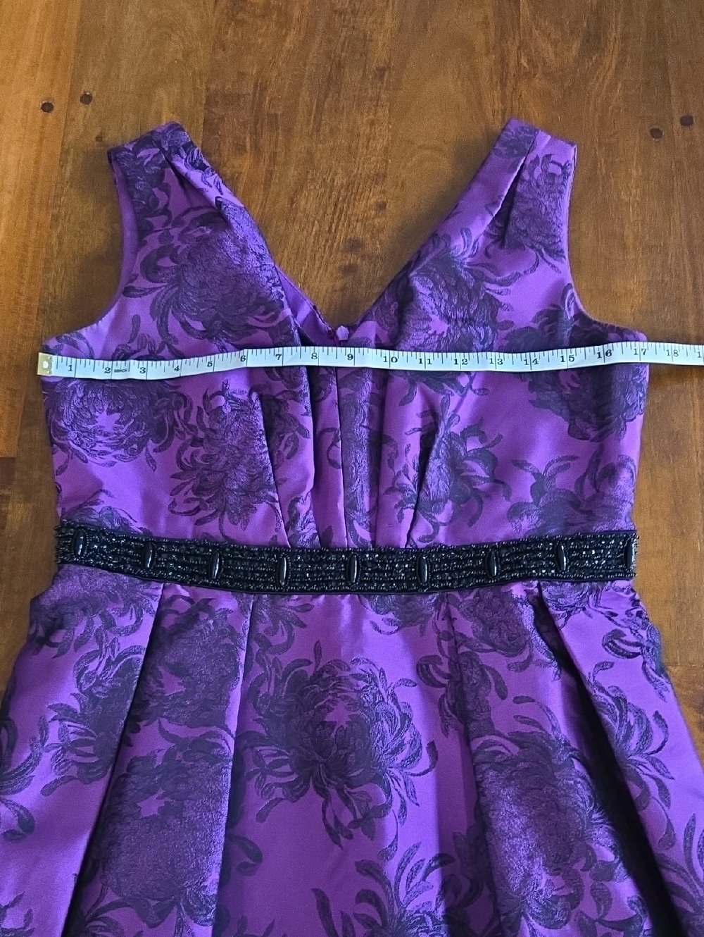 Carmen Marc Valvo Purple Floral Taffeta Fit & Flare Beaded Waist Dress Size 8 - Picture 4 of 9